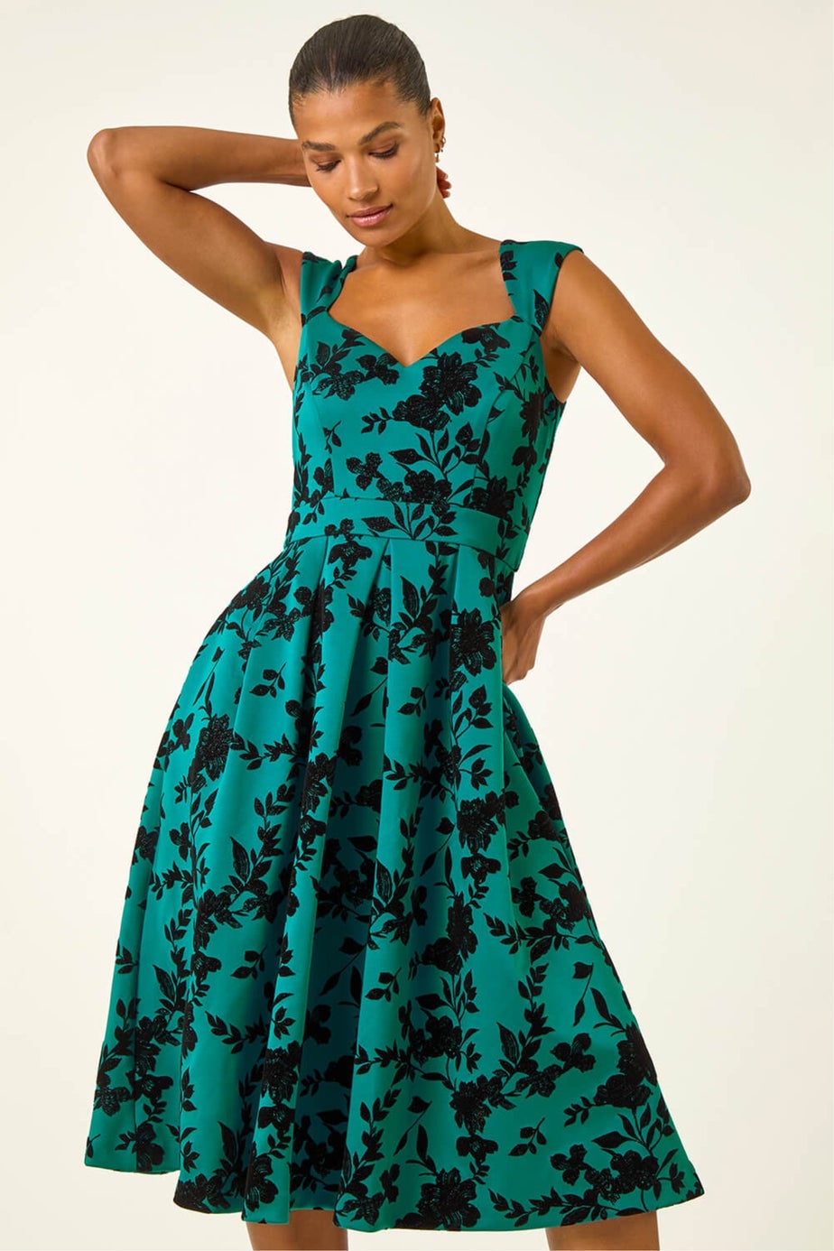 Roman Teal Glitter Floral Flocked Premium Stretch Dress