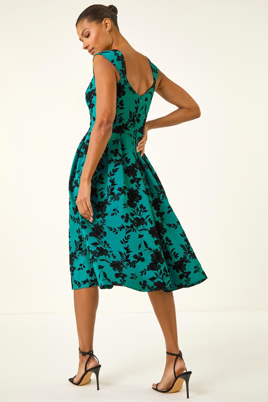 Roman Teal Glitter Floral Flocked Premium Stretch Dress
