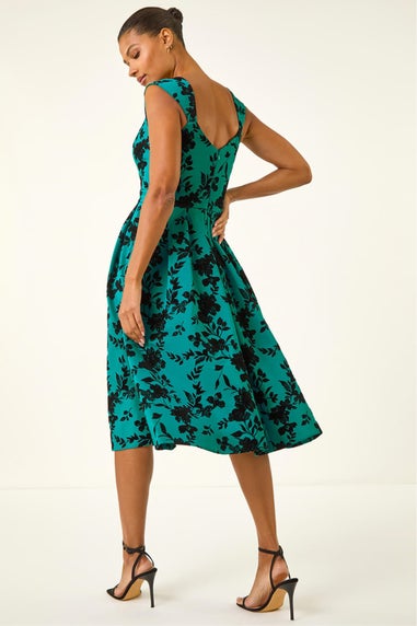 Roman Teal Glitter Floral Flocked Premium Stretch Dress