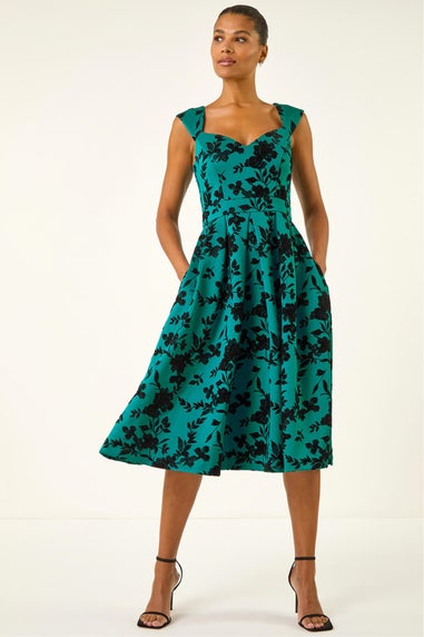 Roman Teal Glitter Floral Flocked Premium Stretch Dress