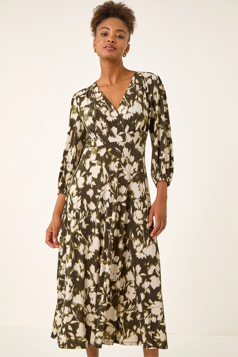 Roman Khaki Abstract Floral Midi Dress