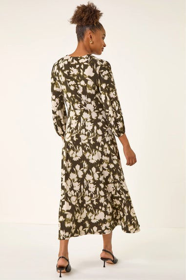 Roman Khaki Abstract Floral Midi Dress
