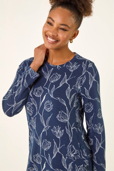 Roman Navy Floral Print Side Button Stretch Dress