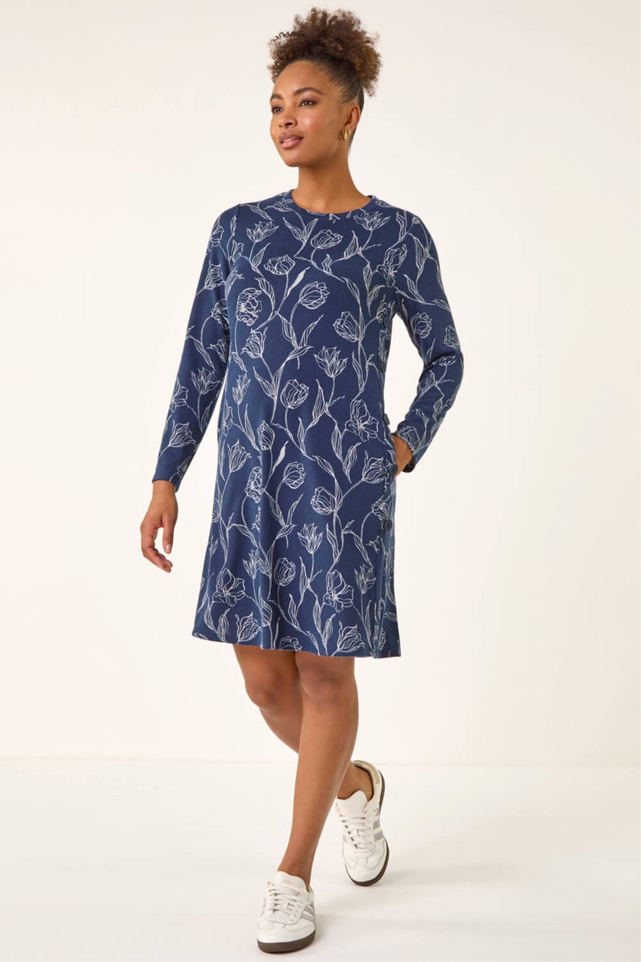 Roman Navy Floral Print Side Button Stretch Dress