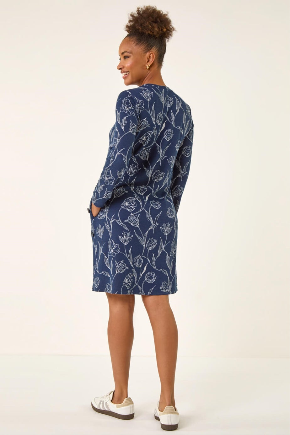 Roman Navy Floral Print Side Button Stretch Dress