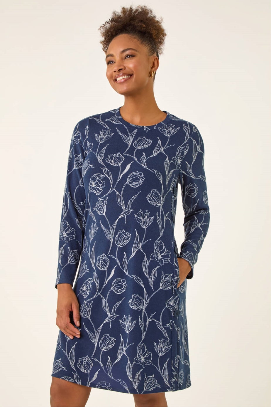 Roman Navy Floral Print Side Button Stretch Dress