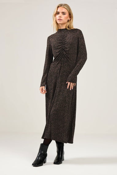 M&Co Petite Brown Ruched Front Turtle Neck Dress