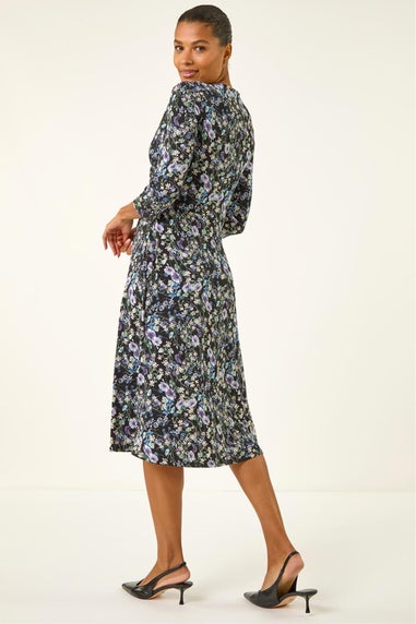 Roman Purple Floral Twisted Front Stretch Midi Dress