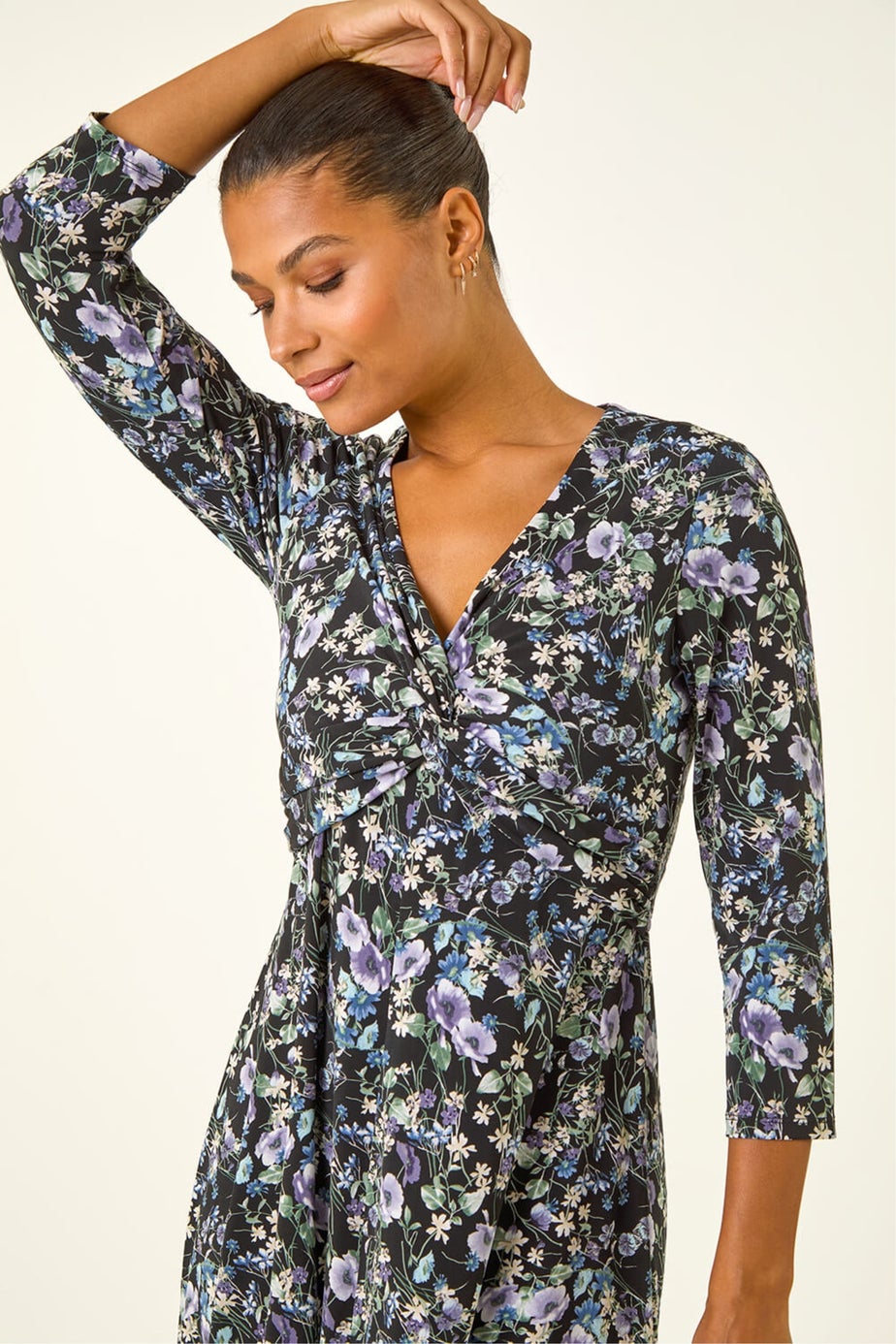 Roman Purple Floral Twisted Front Stretch Midi Dress