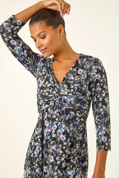 Roman Purple Floral Twisted Front Stretch Midi Dress