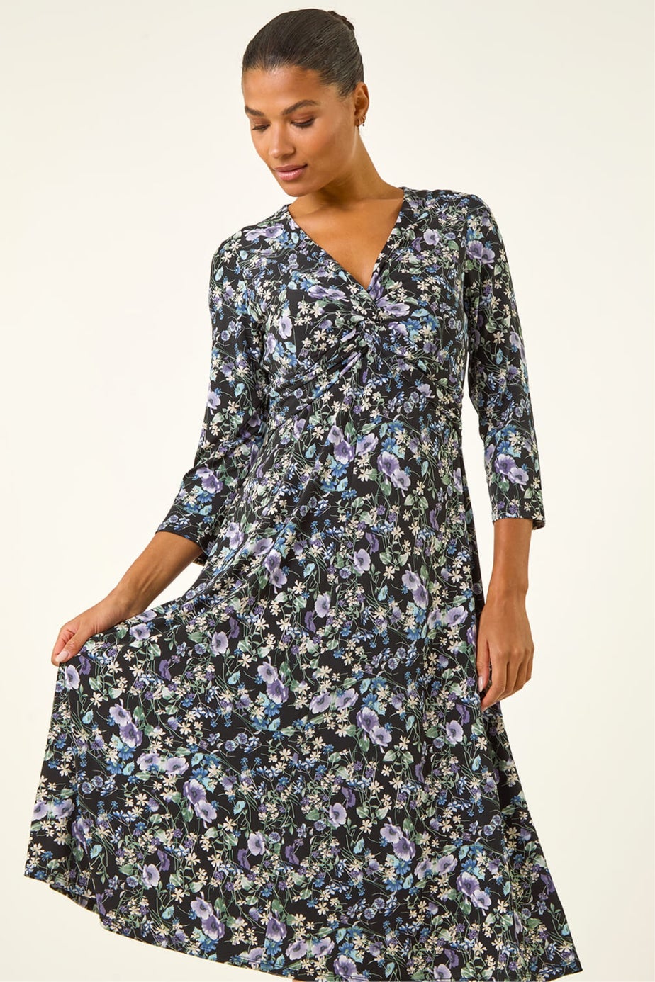 Roman Purple Floral Twisted Front Stretch Midi Dress