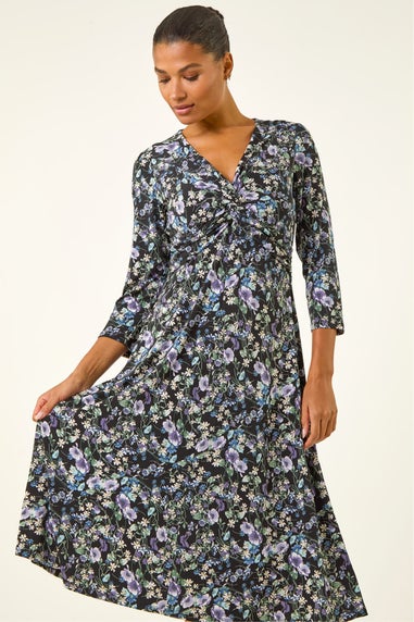 Roman Purple Floral Twisted Front Stretch Midi Dress