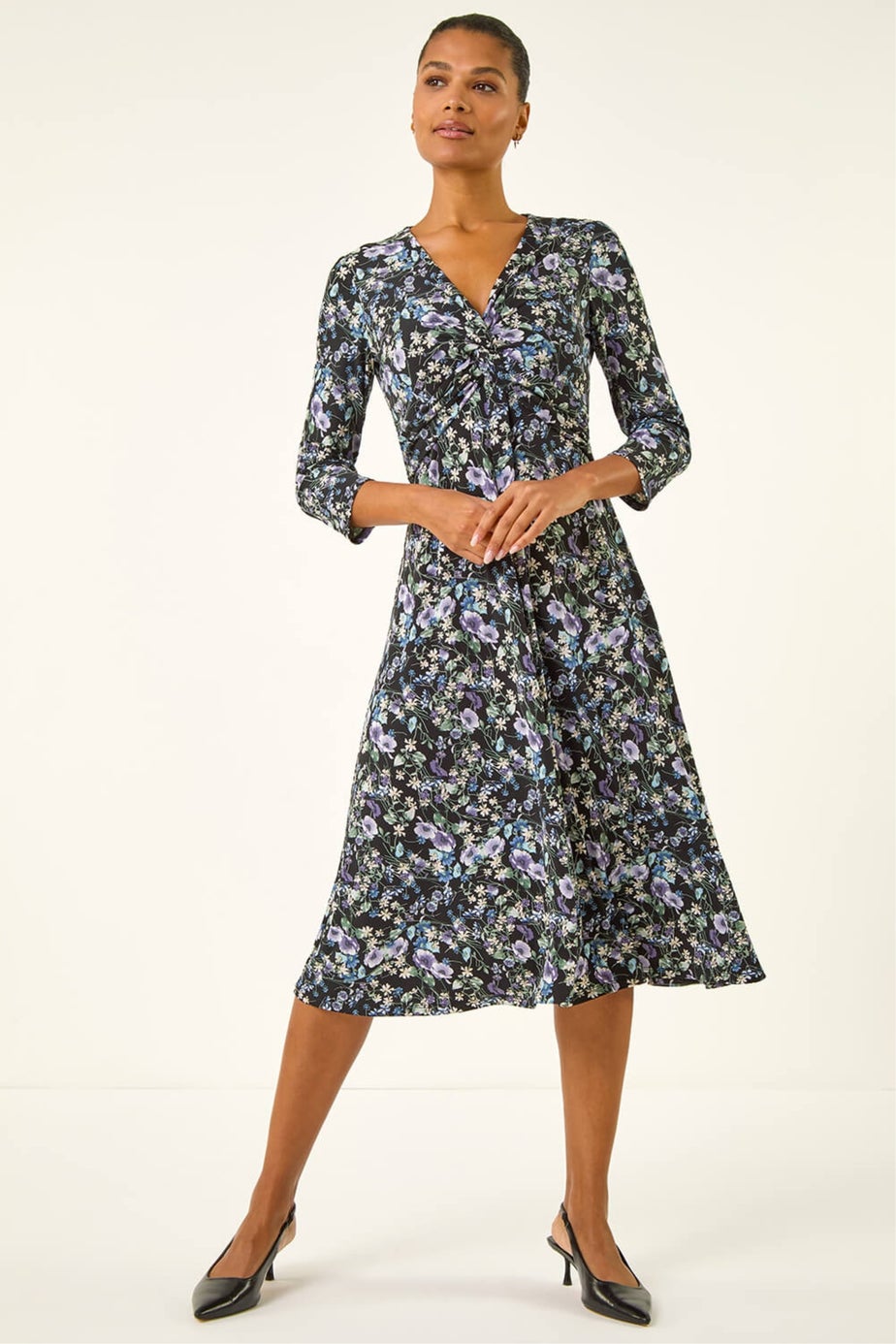 Roman Purple Floral Twisted Front Stretch Midi Dress