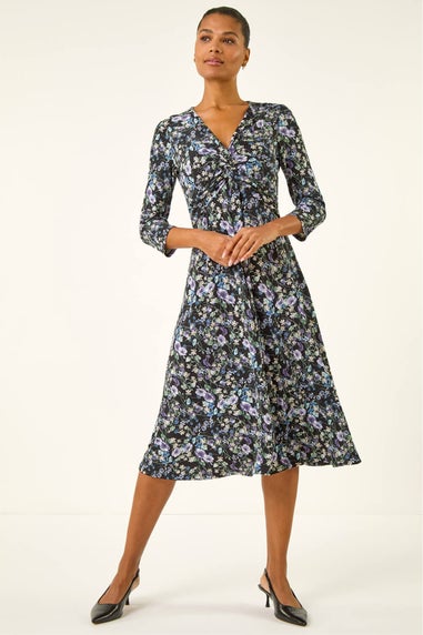 Roman Purple Floral Twisted Front Stretch Midi Dress