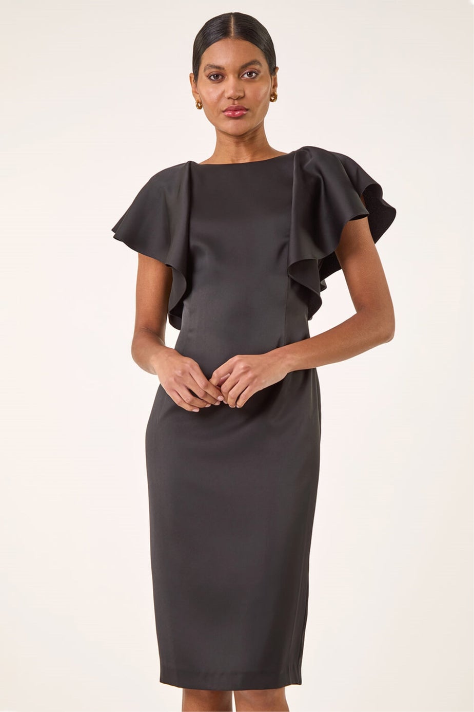 Roman Black Satin Ruffle Sleeve Dress