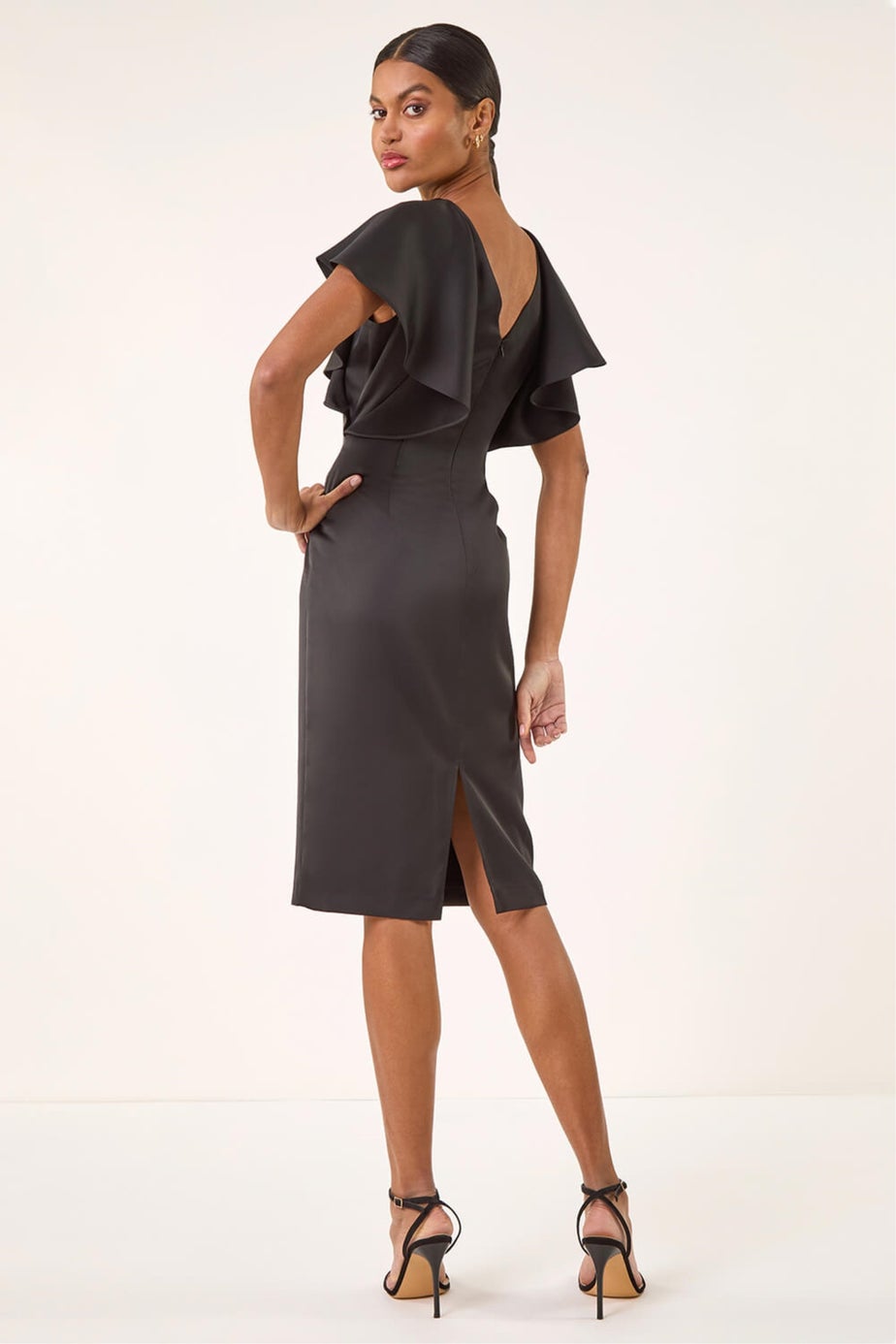Roman Black Satin Ruffle Sleeve Dress