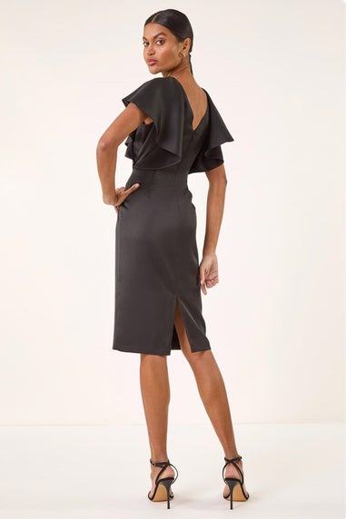 Roman Black Satin Ruffle Sleeve Dress