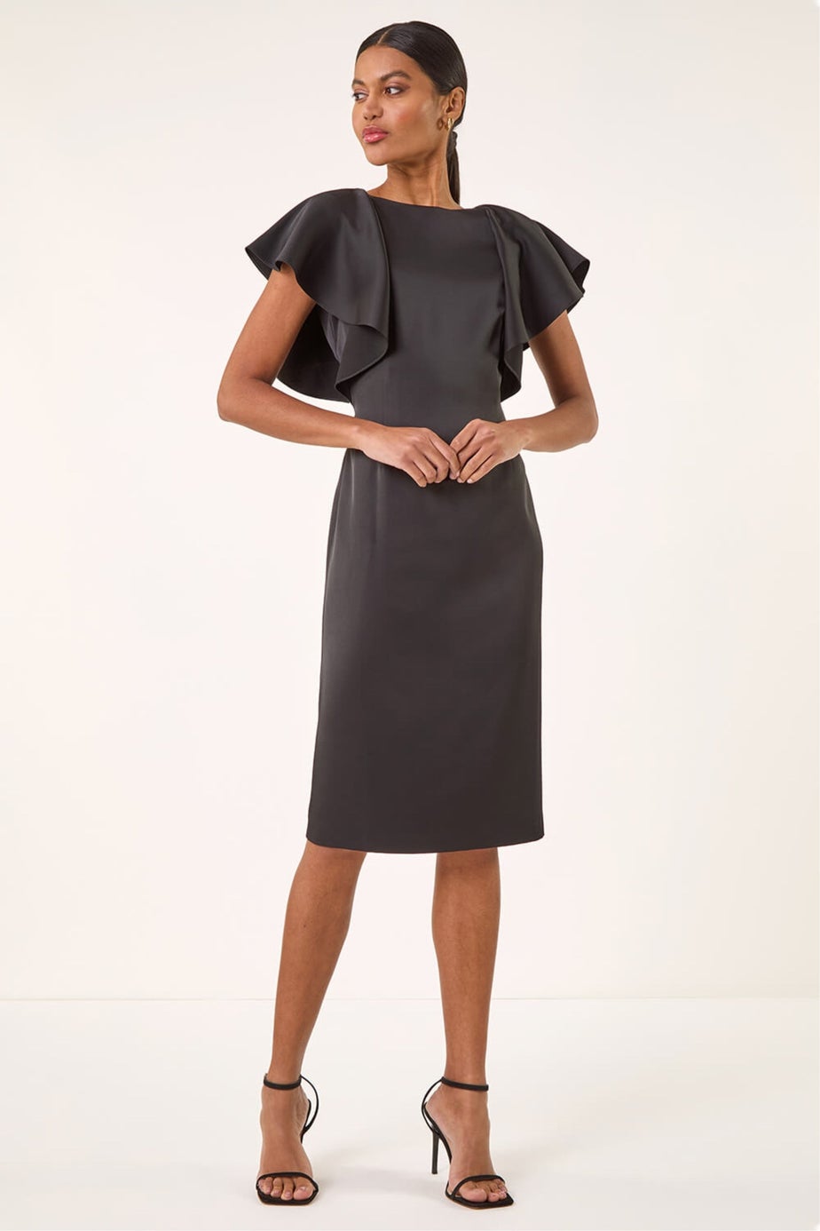 Roman Black Satin Ruffle Sleeve Dress