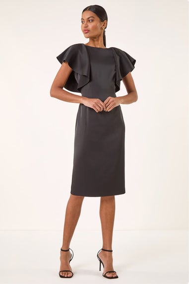 Roman Black Satin Ruffle Sleeve Dress