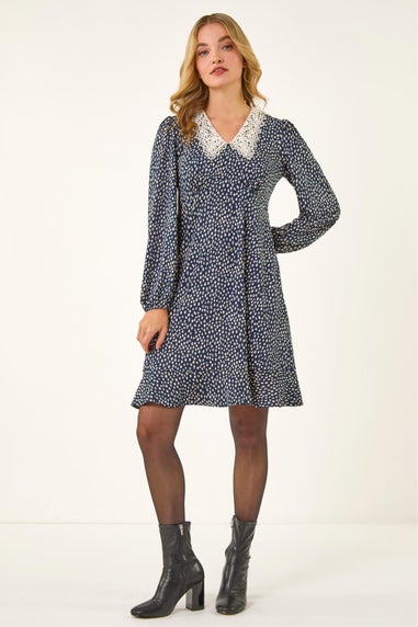Dusk Navy Lace Collar Spot Print Dress
