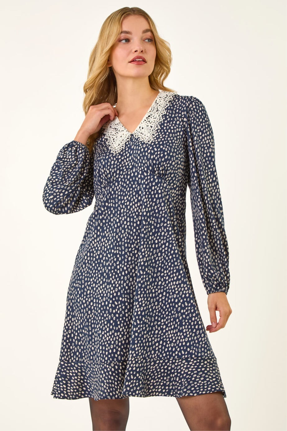 Dusk Navy Lace Collar Spot Print Dress