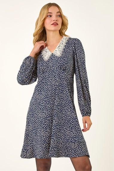 Dusk Navy Lace Collar Spot Print Dress