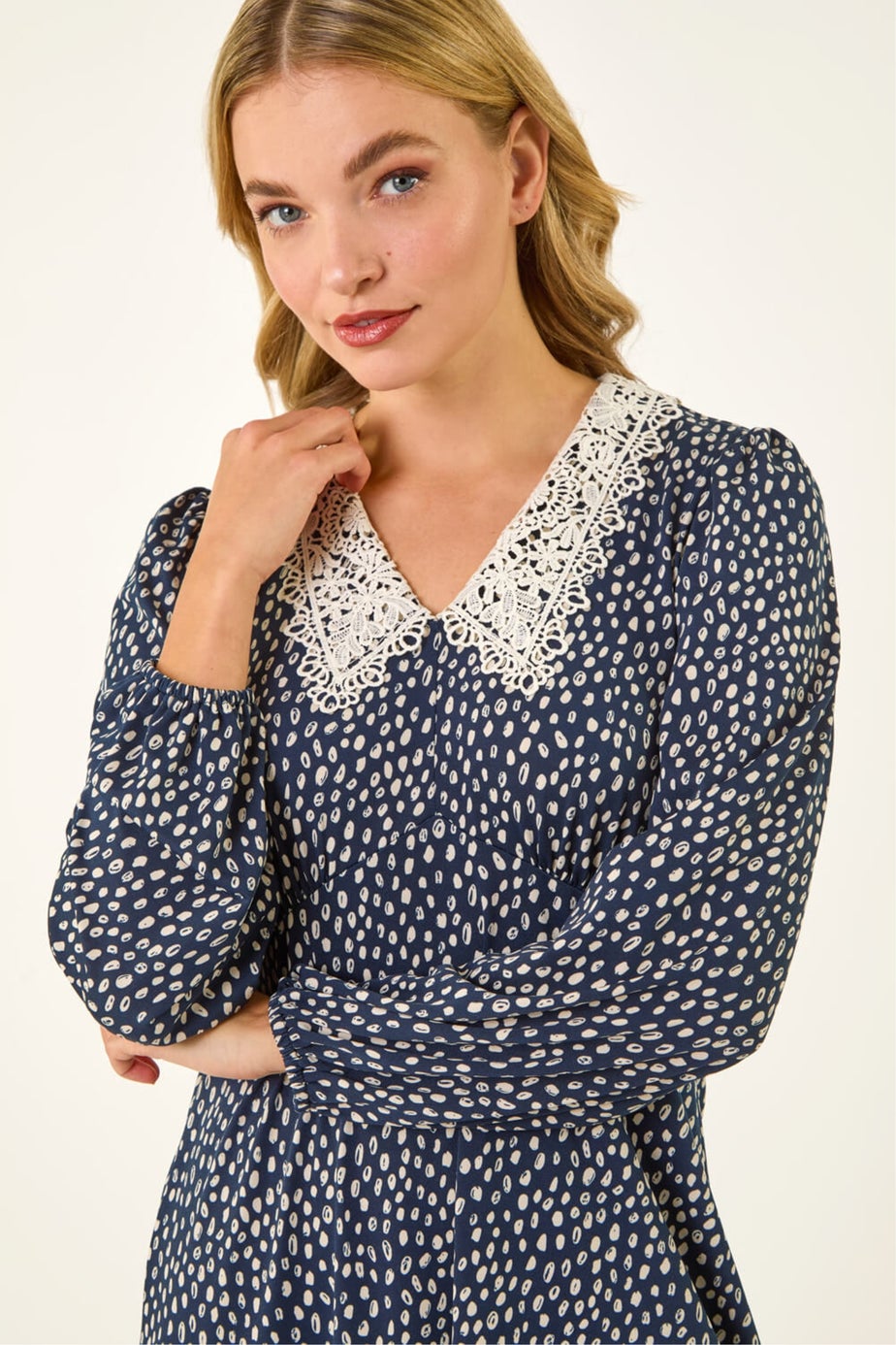 Dusk Navy Lace Collar Spot Print Dress