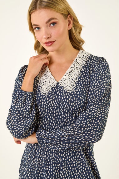 Dusk Navy Lace Collar Spot Print Dress