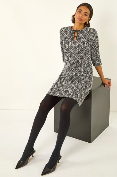 Roman Black Tile Print Tie Keyhole Stretch Dress