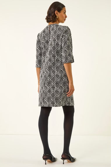 Roman Black Tile Print Tie Keyhole Stretch Dress