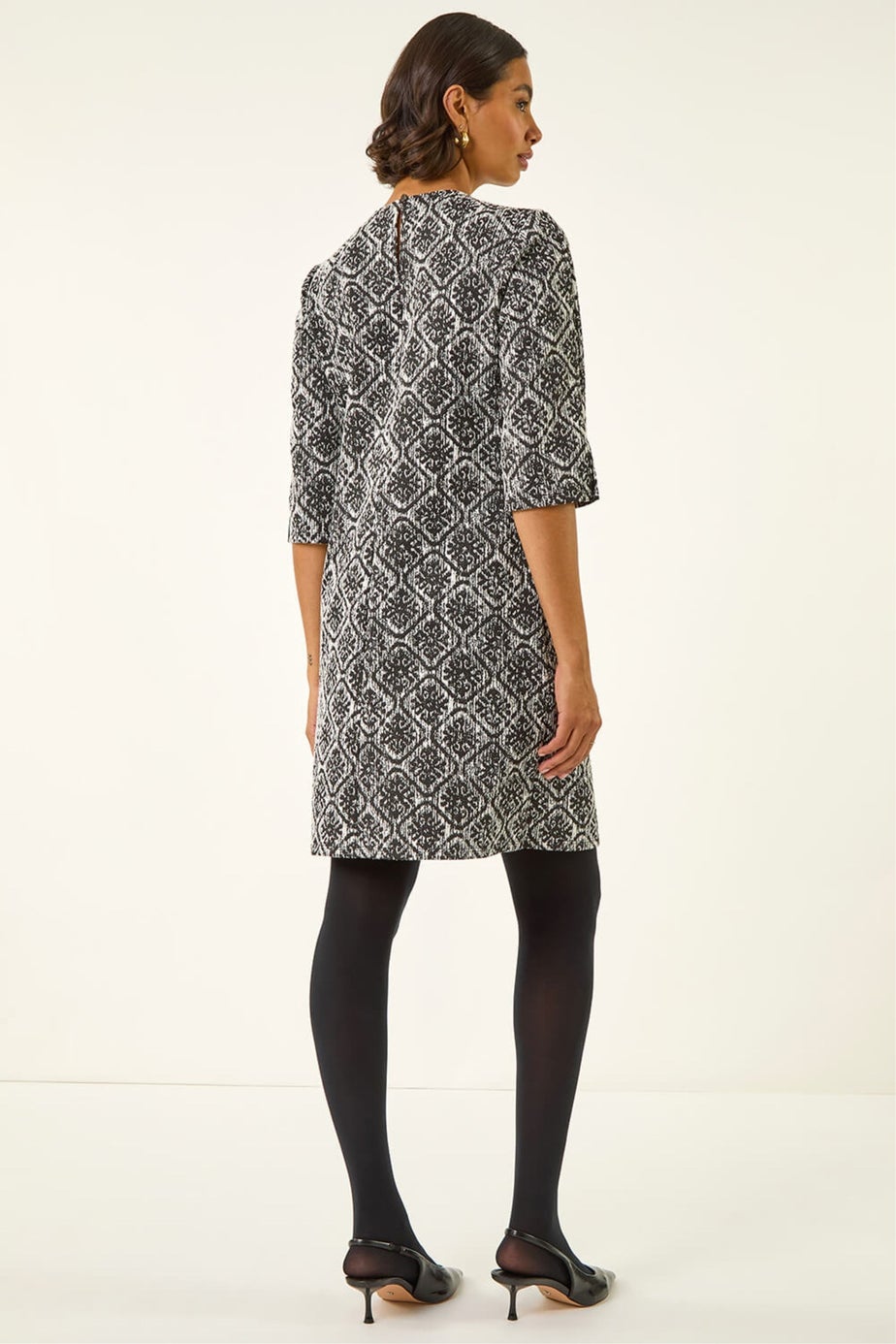 Roman Black Tile Print Tie Keyhole Stretch Dress