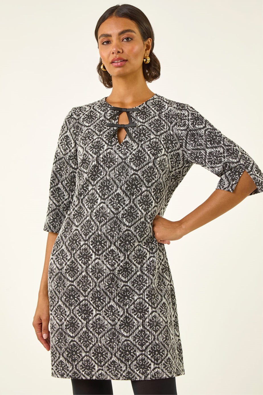 Roman Black Tile Print Tie Keyhole Stretch Dress