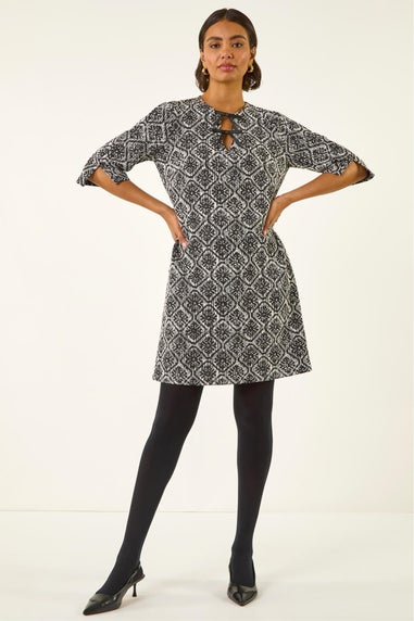 Roman Black Tile Print Tie Keyhole Stretch Dress
