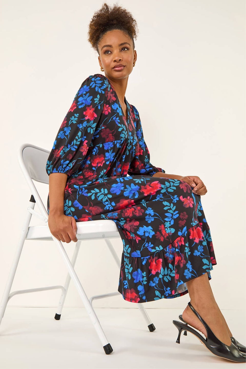 Roman Blue Floral Print Lace Trim Midi Dress