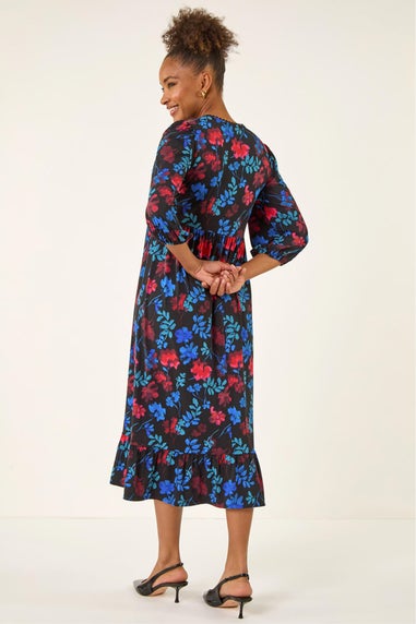Roman Blue Floral Print Lace Trim Midi Dress