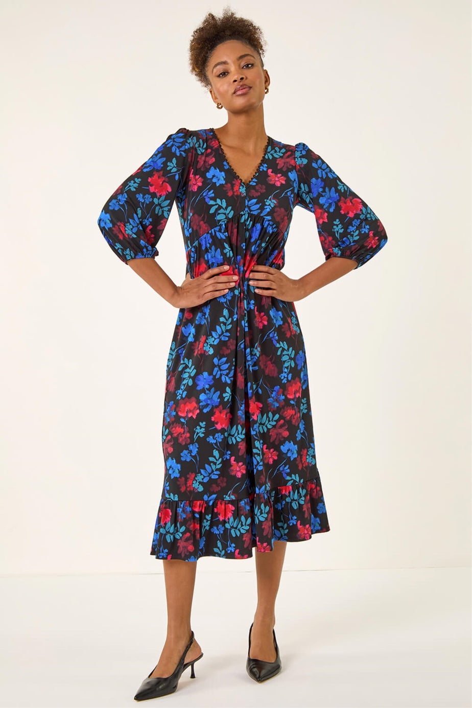 Roman Blue Floral Print Lace Trim Midi Dress