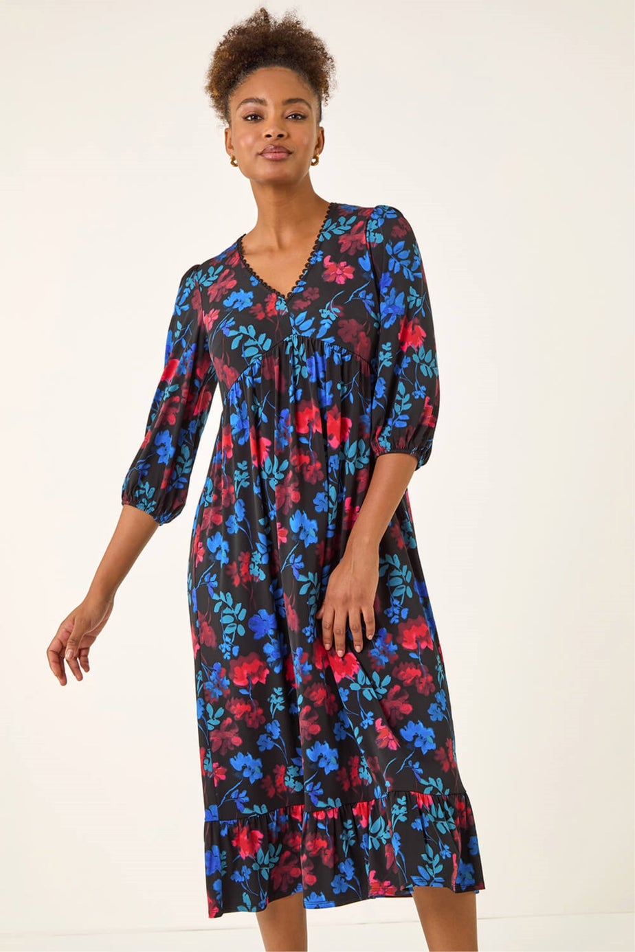 Roman Blue Floral Print Lace Trim Midi Dress