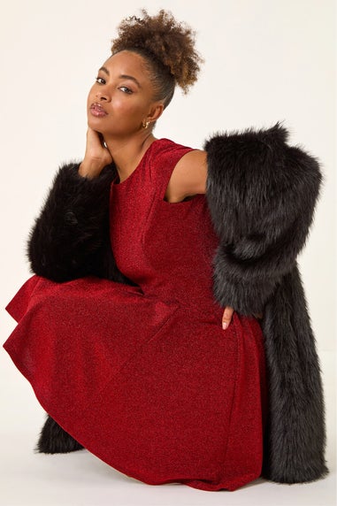 Roman Red Metallic Stretch Flare Dress