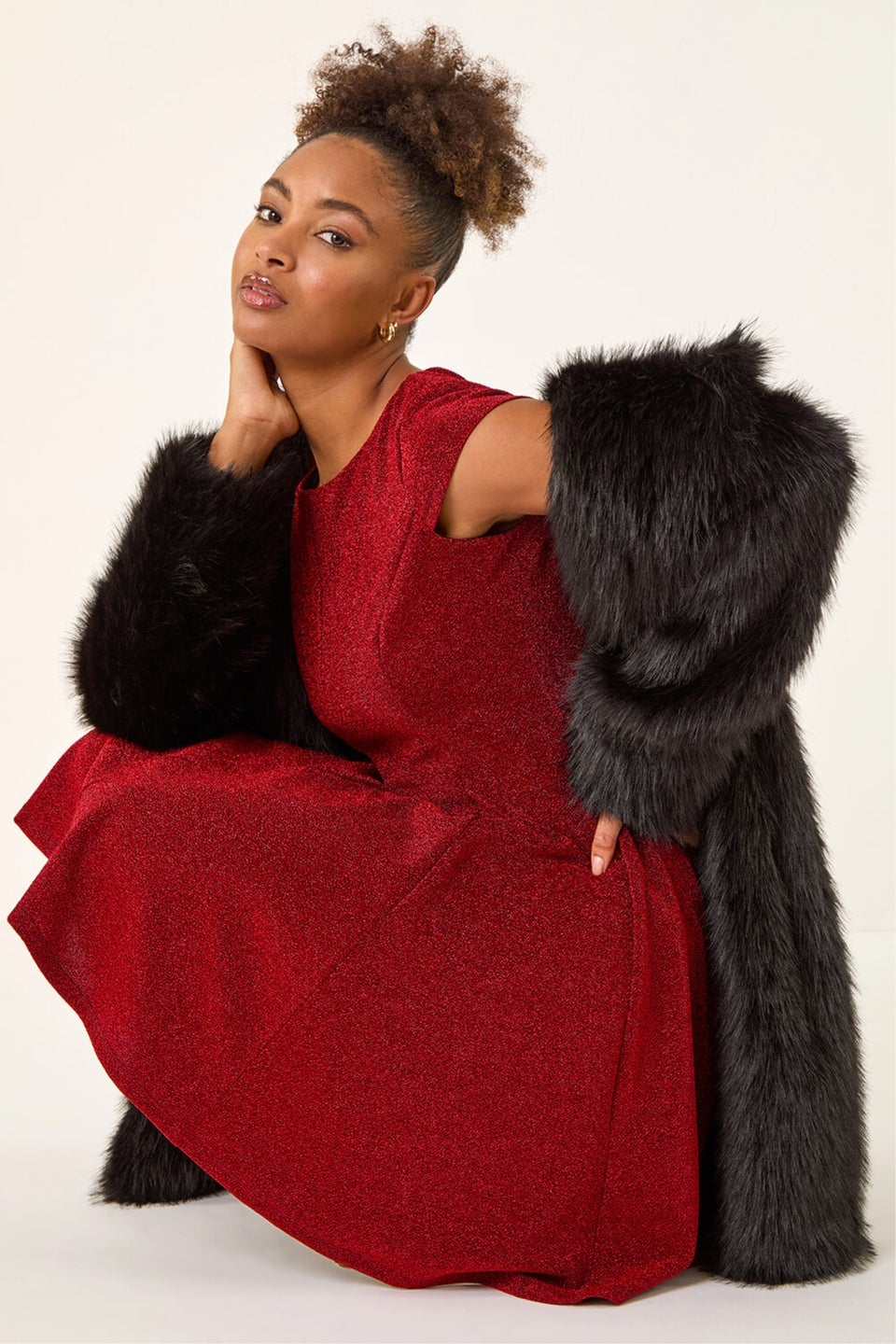 Roman Red Metallic Stretch Flare Dress