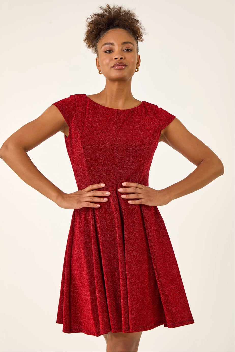 Roman Red Metallic Stretch Flare Dress