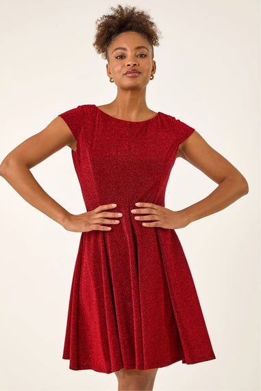 Roman Red Metallic Stretch Flare Dress