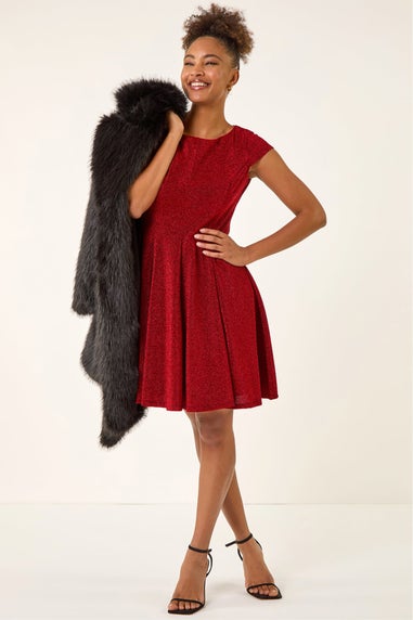 Roman Red Metallic Stretch Flare Dress