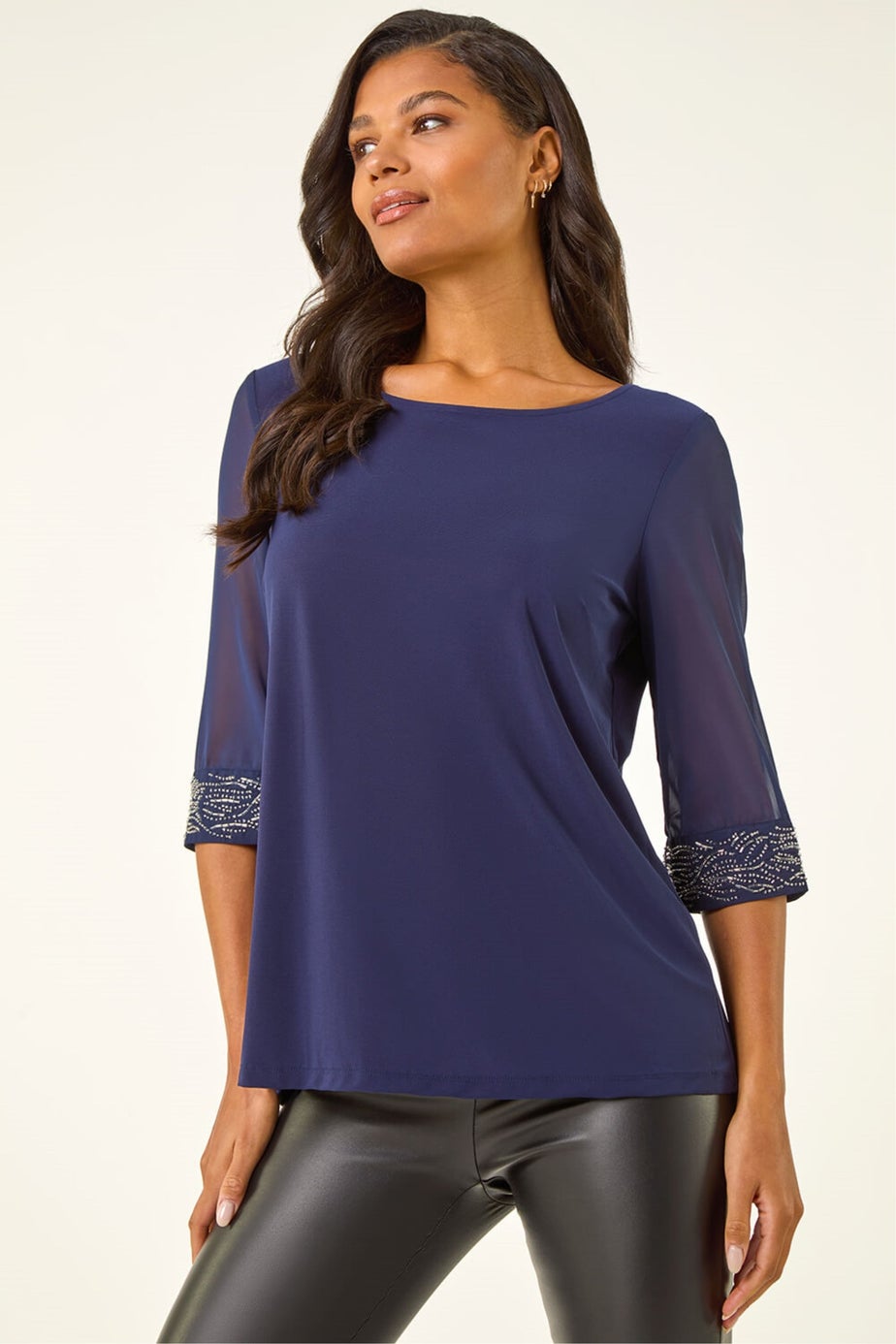 Roman Midnight Blue Embellished Cuff Chiffon Top