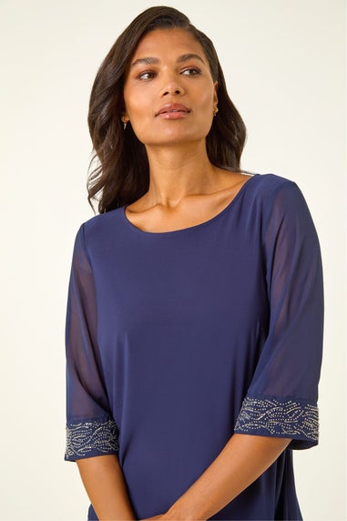 Roman Midnight Blue Embellished Cuff Chiffon Top