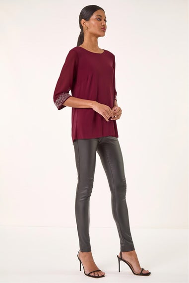 Roman Red Embellished Cuff Chiffon Top
