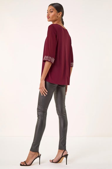 Roman Red Embellished Cuff Chiffon Top