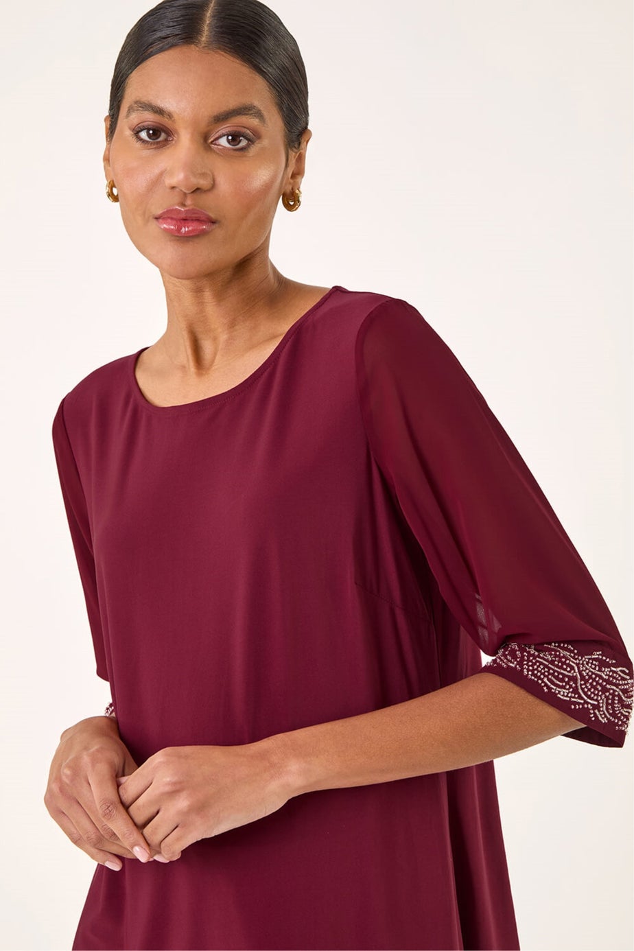 Roman Red Embellished Cuff Chiffon Top
