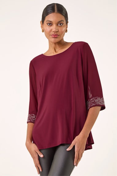 Roman Red Embellished Cuff Chiffon Top
