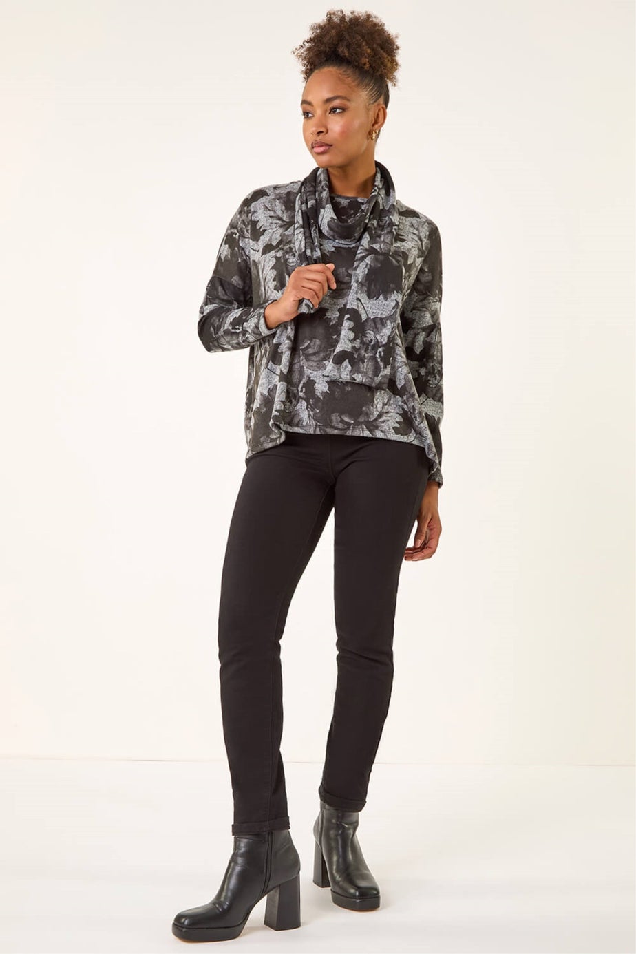 Roman Grey Printed Scarf Tunic Stretch Top