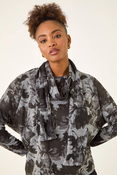 Roman Grey Printed Scarf Tunic Stretch Top